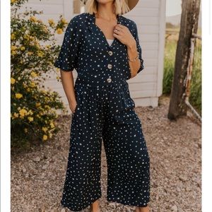 Top and bottom set navy blue polka dot